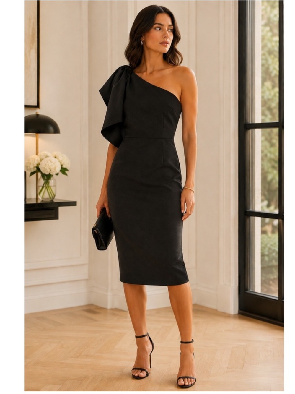 Dress the Population NEW Black Tiffany One Shoulder Midi Dress XL
